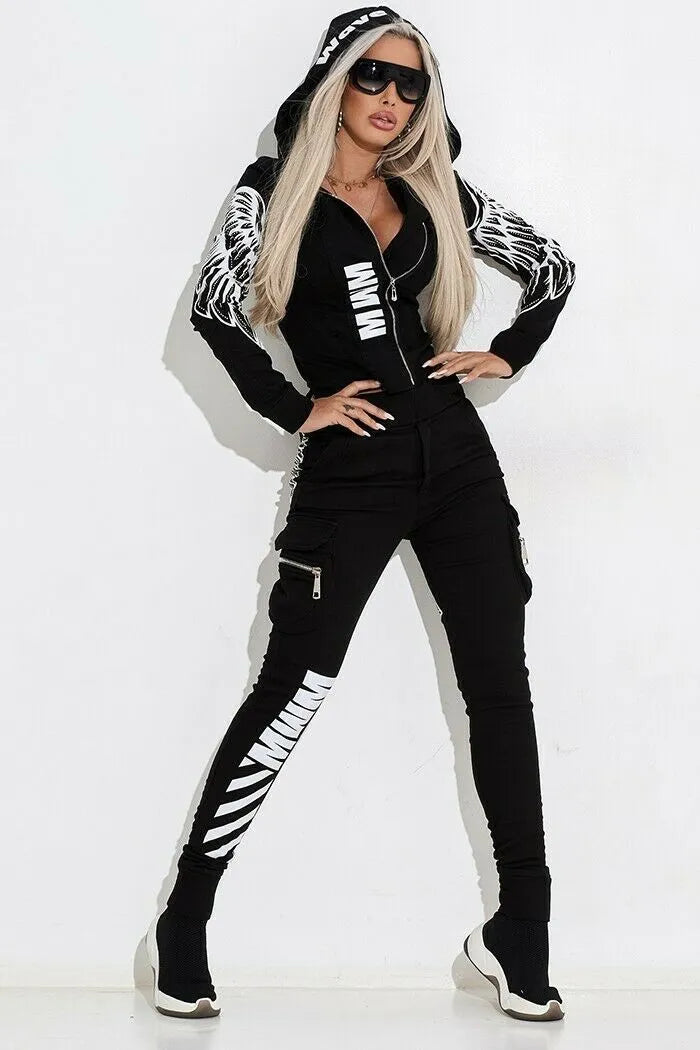Black women's casual suit set with wings print hooded jacket and matching trousers