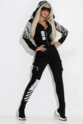Black women's casual suit set with wings print hooded jacket and matching trousers