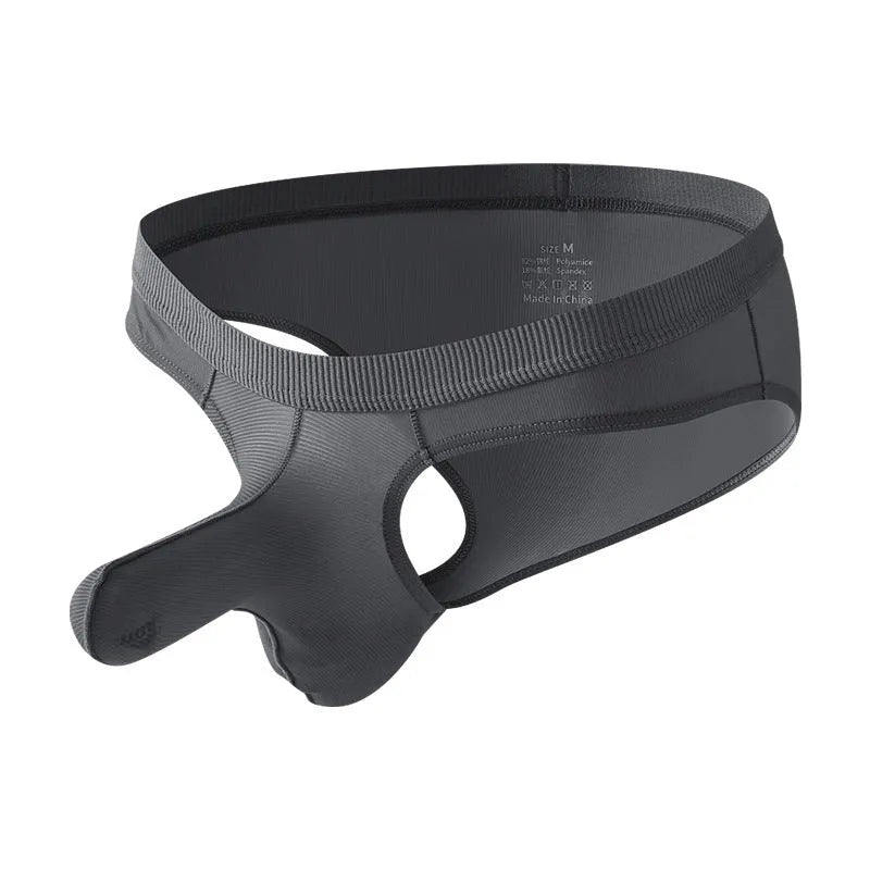 Men's low waist ice silk briefs in black, shown flat.
