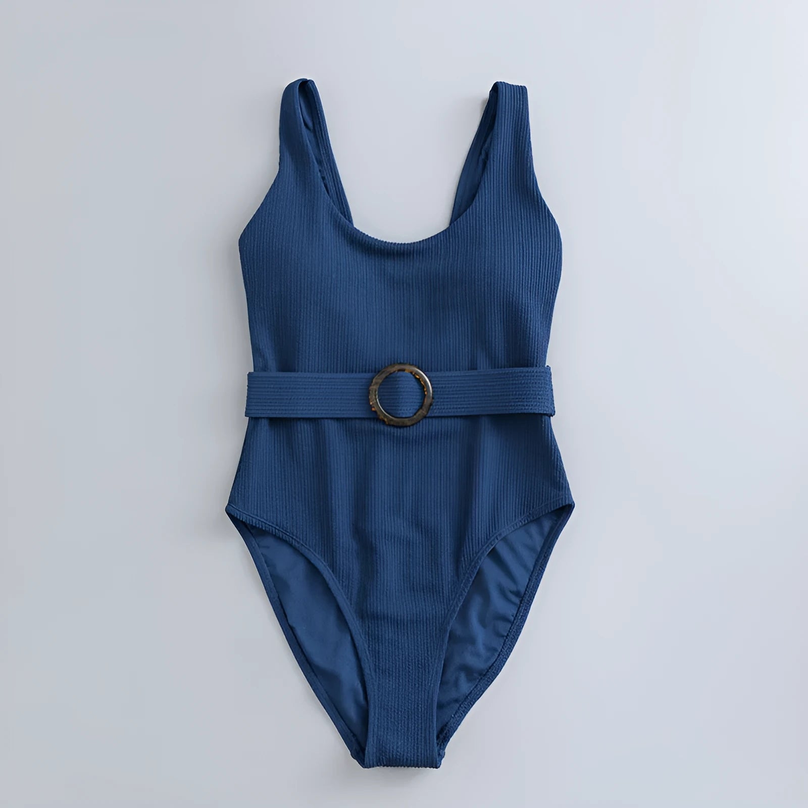 Navy blue women's one-piece swimsuit with triangle neckline and built-in chest pads