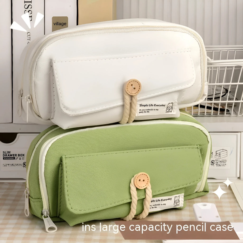 Large capacity Korean style canvas pencil case storing multiple pens in green colour option