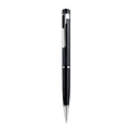 Black pen-shaped digital voice recorder with zinc alloy casing shown next to its accessories.