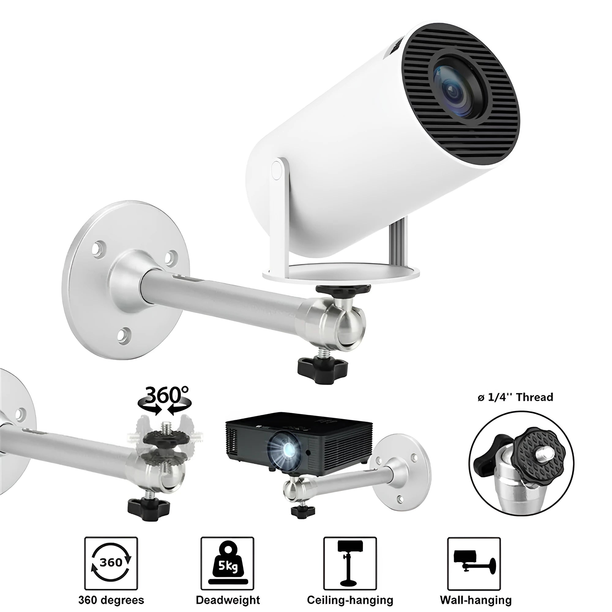 White aluminium wall-mounted projector bracket with 180mm specification and 6mm thread