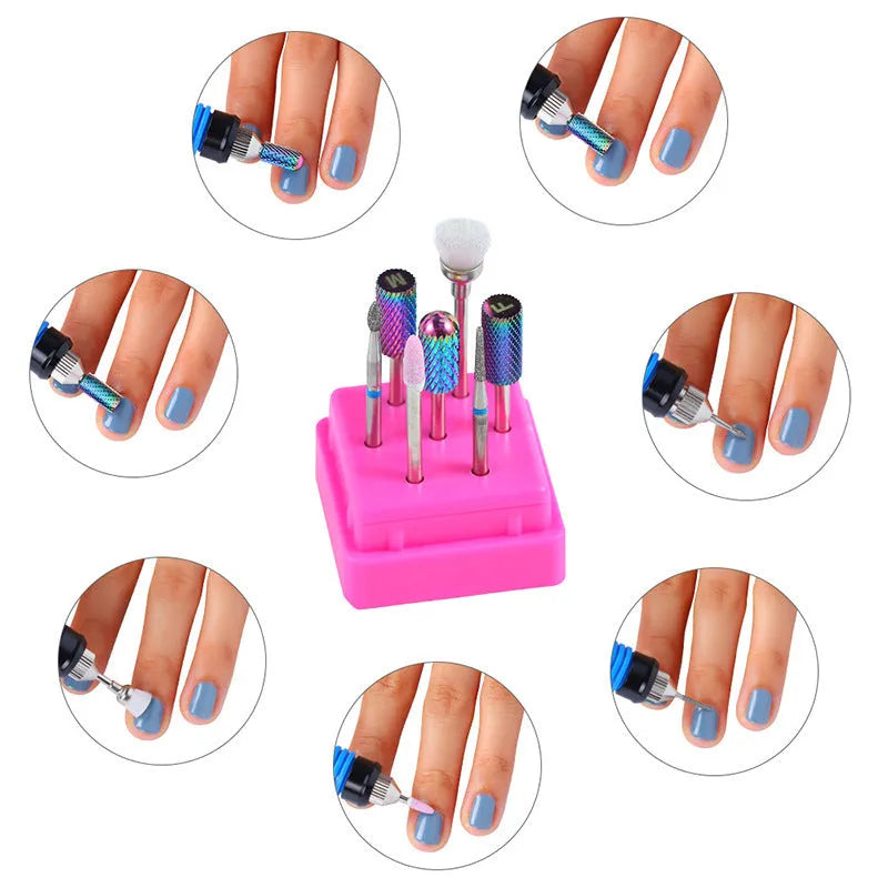 Tungsten steel nail drill bit and brush set in a clear plastic storage case.