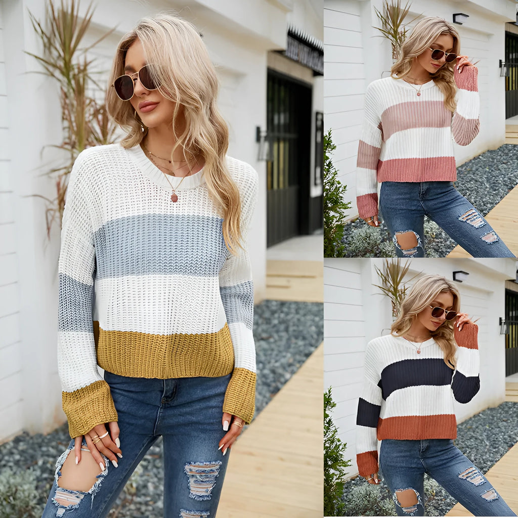 Women's striped casual pullover sweater in pink, dark blue or yellow acrylic fabric with short length