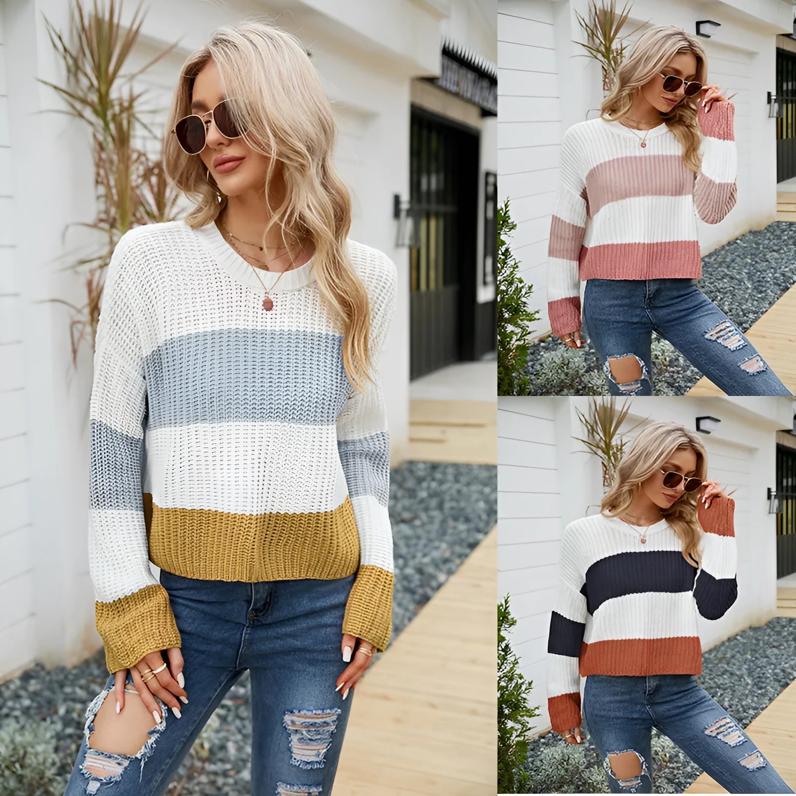 Women's striped casual pullover sweater in pink, dark blue or yellow acrylic fabric with short length