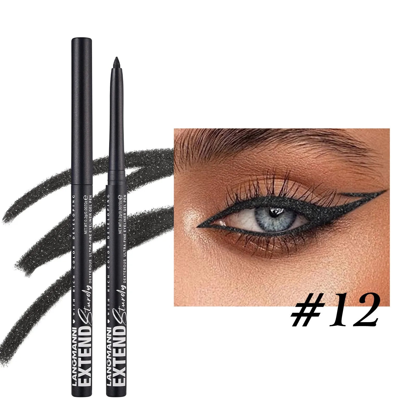12 colourful gel eyeliner pencils with matte, glitter, metallic and pearl effects displayed together