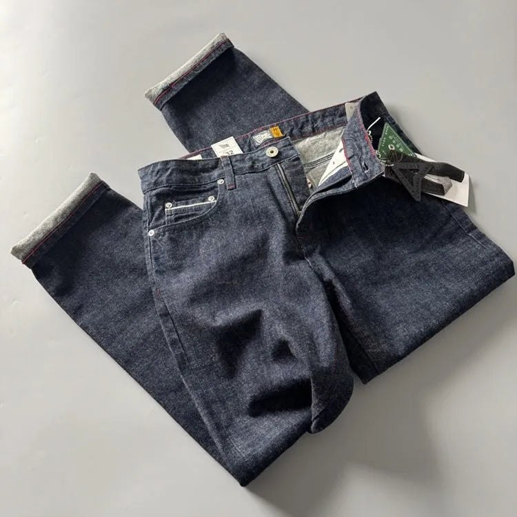 Men's primary colour straight leg jeans with vintage American retro styling and mid waist design