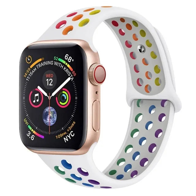 Silicone sports wristband with adjustable single buckle strap in black, rainbow or white colours