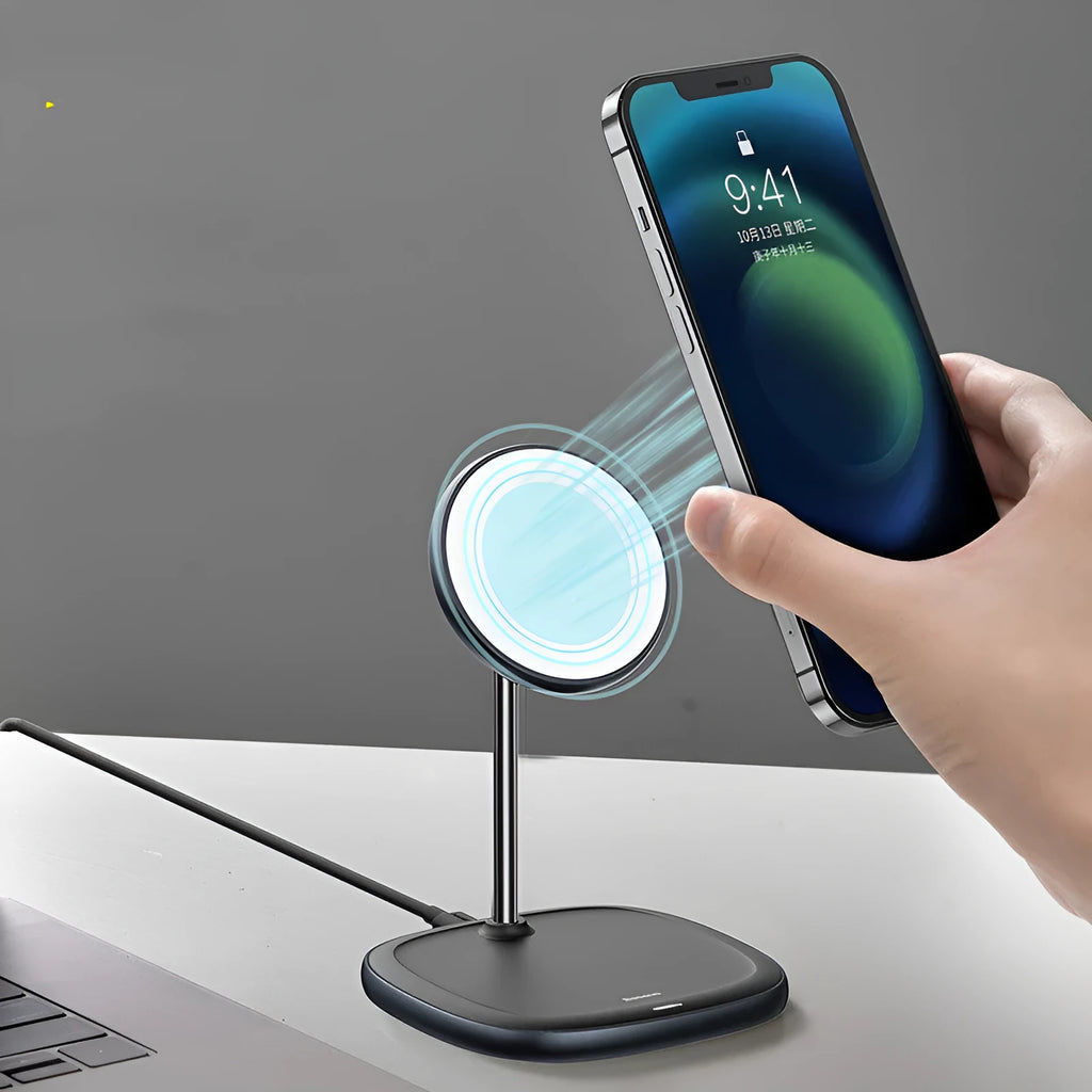 Swan Magnetic Desktop Stand Wireless Charger for Apple iPhone 12 in black and white with Type-C cable