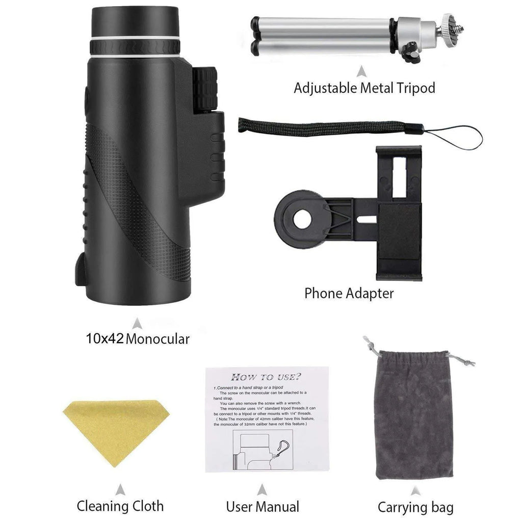 Black HD monocular telescope with 40x magnification and 60mm objective lens for smartphone photography