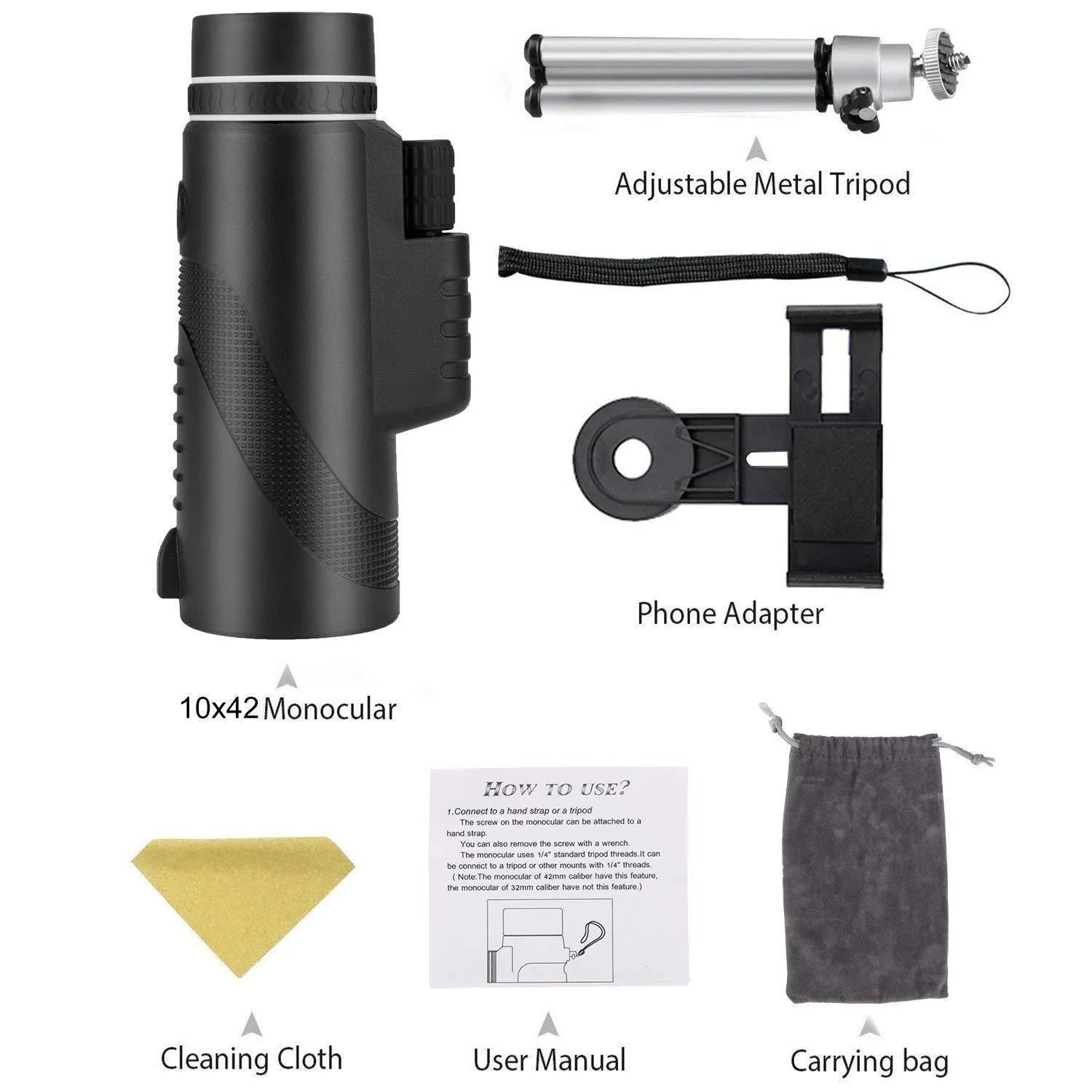 Black HD monocular telescope with 40x magnification and 60mm objective lens for smartphone photography