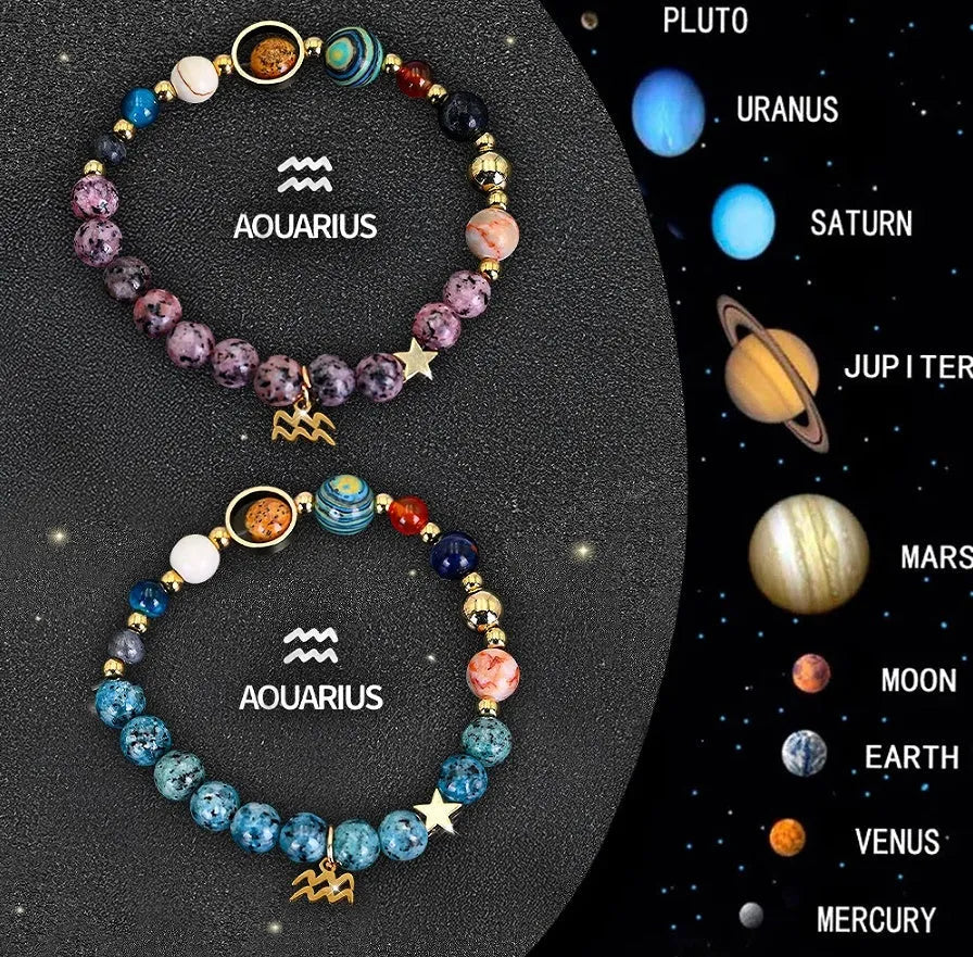 Two natural stone beaded bracelets for zodiac signs laid flat, showing varied bead colours and styles.