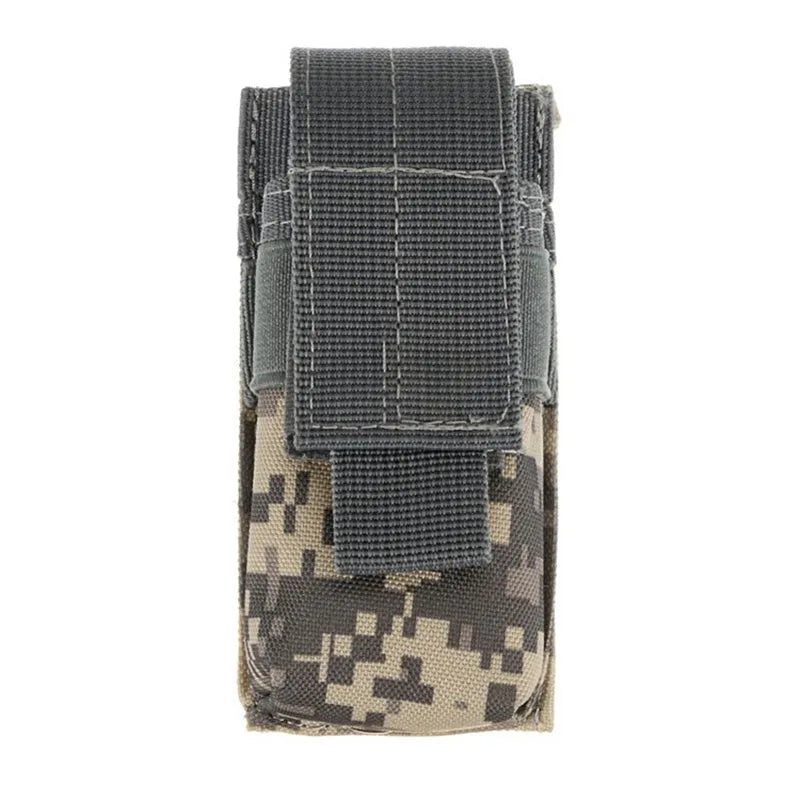 Military tactical waist bag with MOLLE straps and elastic cord closure in camouflage pattern