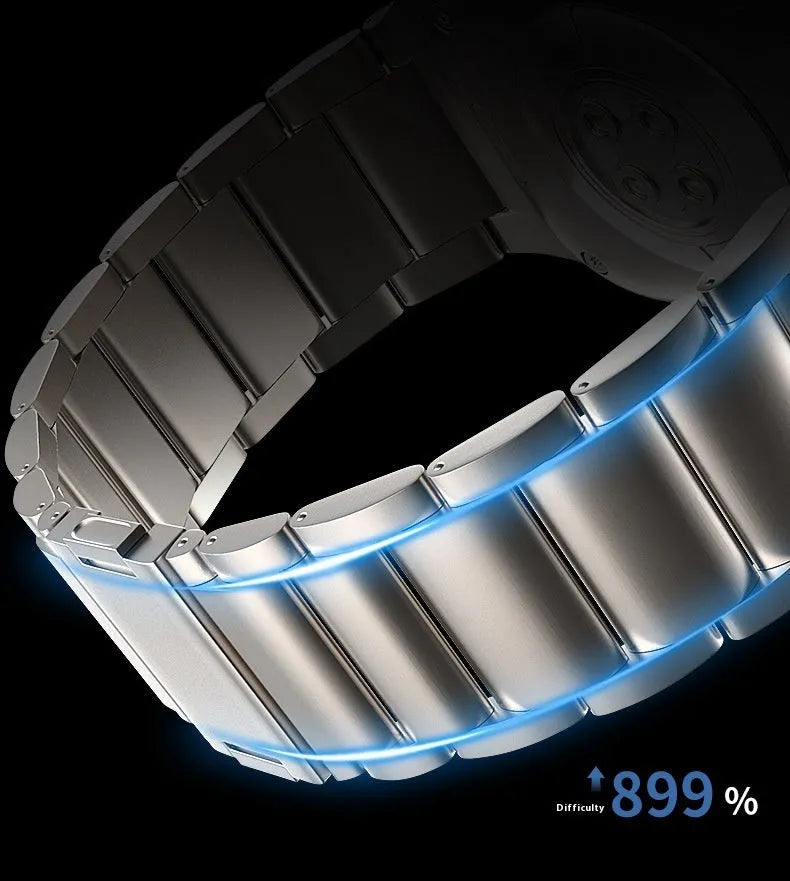 Titanium alloy magnetic snap watch strap for Apple Watch in silver colour on a wrist