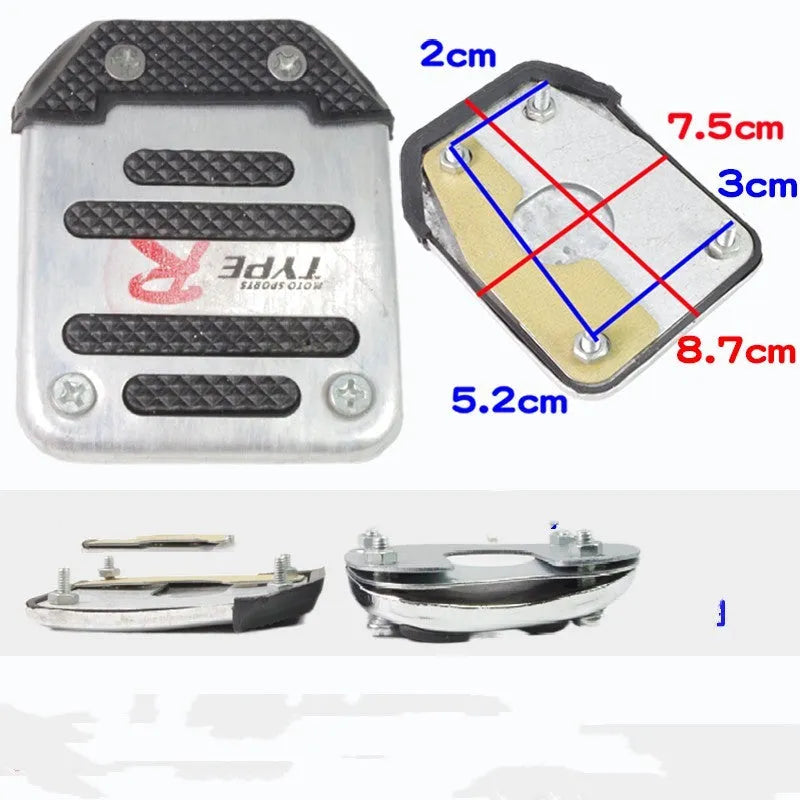 Metal motorcycle brake pedal skid plate showing foot pedal, square foot pedal, and small brake plate design options.