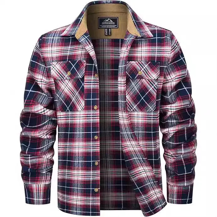 Man wearing a long-sleeved plaid flannel shirt in a cardigan style with a button-up front.