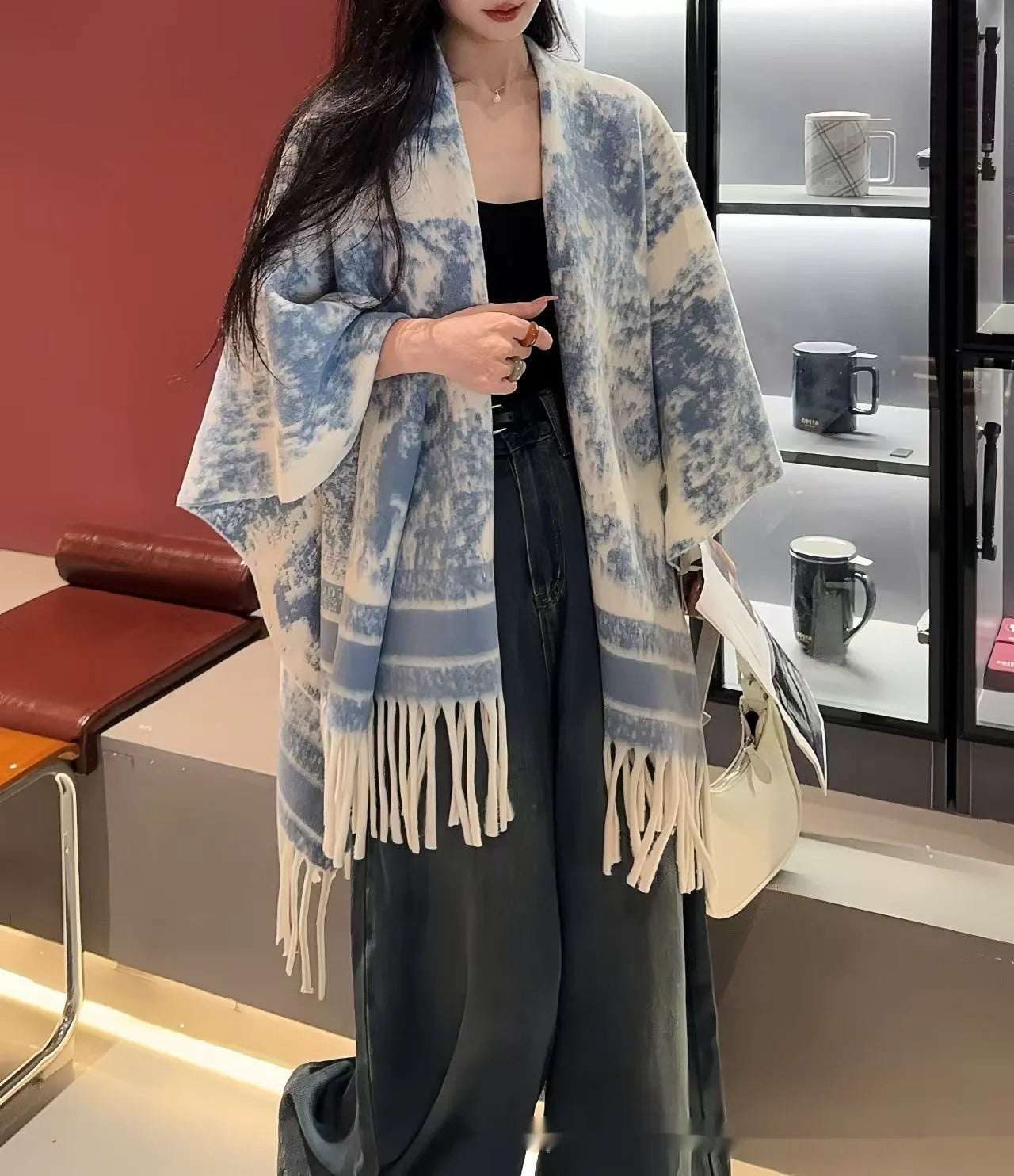 Women's polyester tassel scarf cape draped as shawl in picture colour options