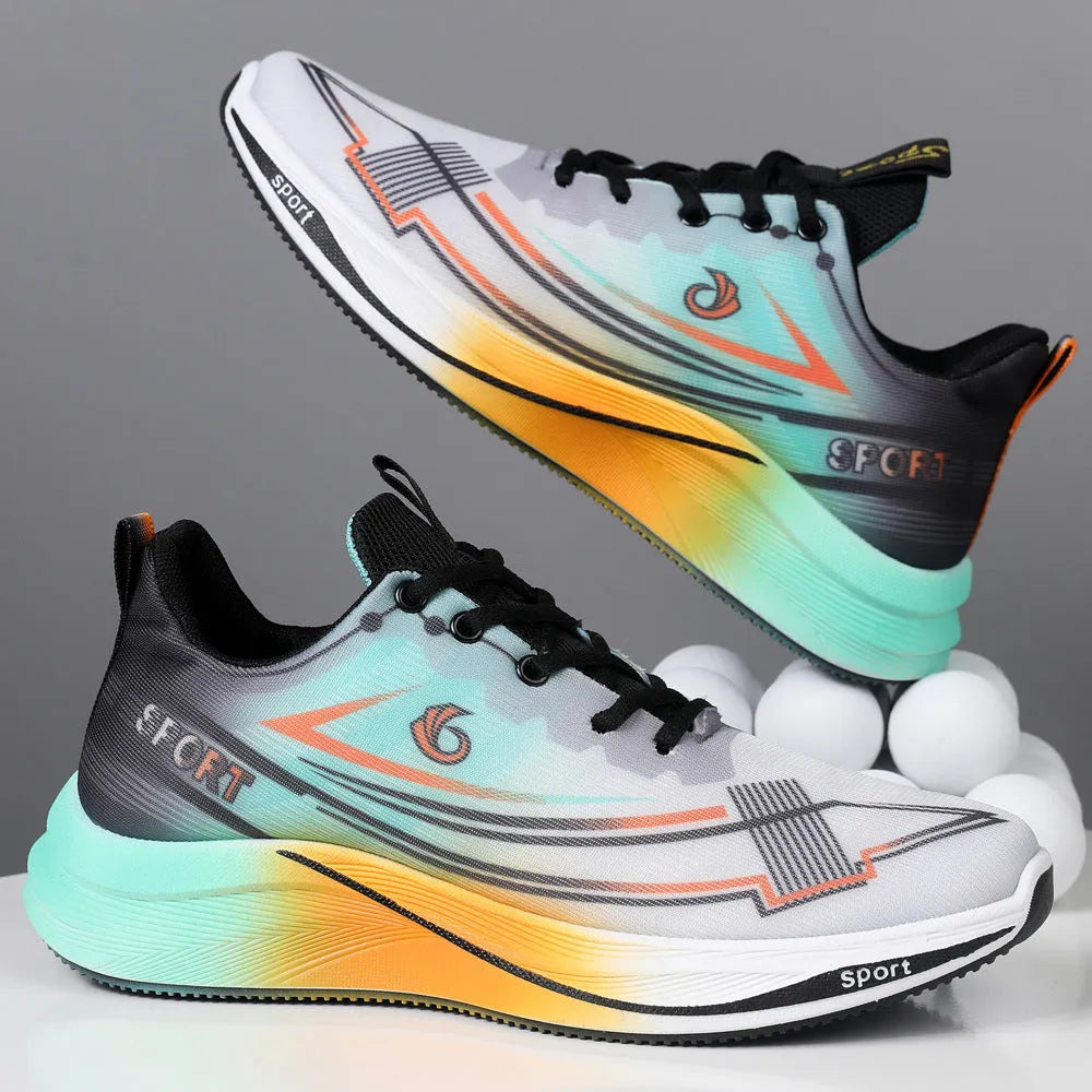 Mesh breathable running shoes for men in gray orange and black blue, low top with PVC sole