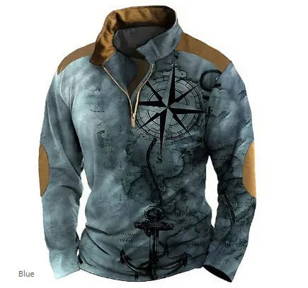 Men's loose fit retro printed golf t-shirt with stripe pattern and zipper decorations on long sleeves