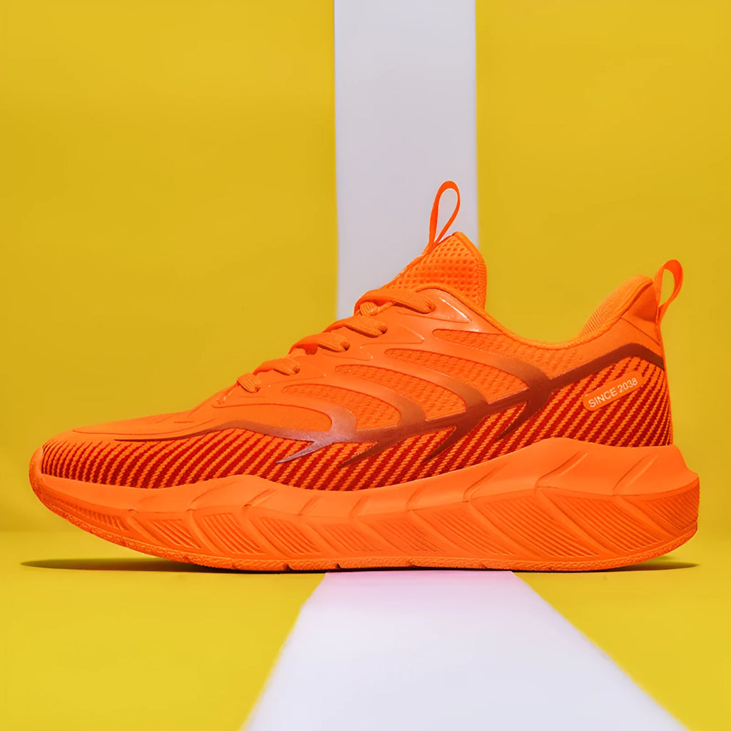 Men's low-top platform running sneakers with hollow-out synthetic leather upper and non-slip rubber sole in dark night black