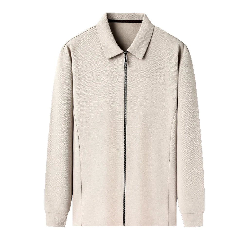 Men's casual business jacket in black, dark grey, or apricot with long sleeves and a straight hem.