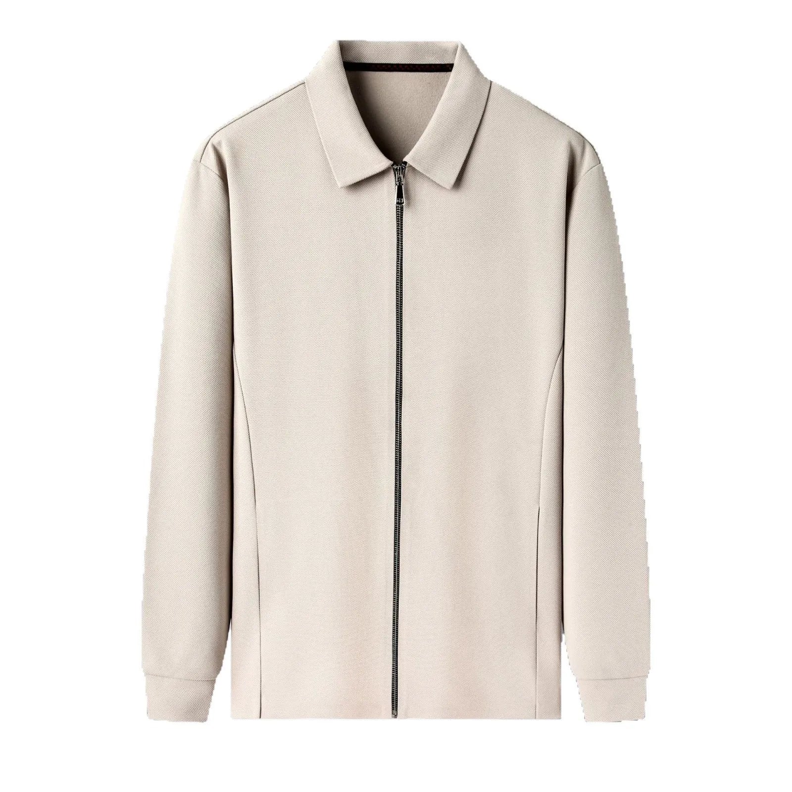 Men's casual business jacket in black, dark grey, or apricot with long sleeves and a straight hem.