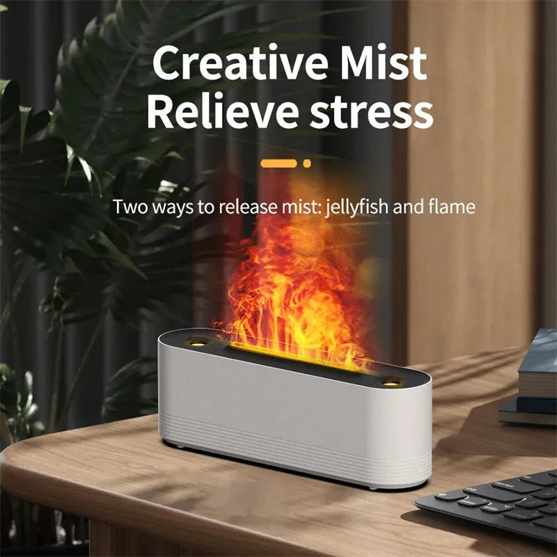 Black ultrasonic humidifier with LED flame lighting and water mist emission