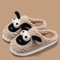 Brown thermal cotton slip-on slippers with suede upper and textured PVC sole on a wooden floor.