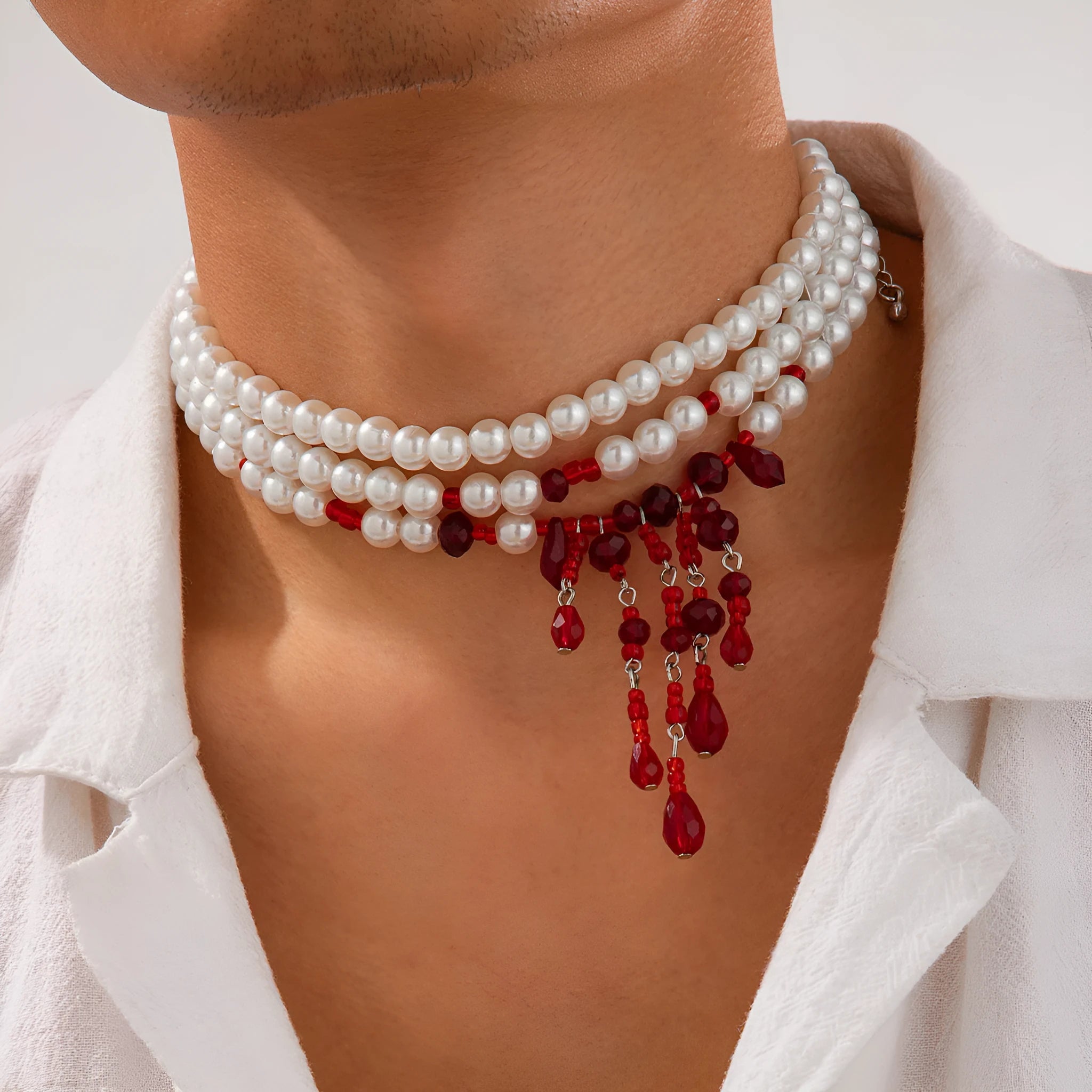 Halloween blood drop tassel necklace with artificial crystal pendant and imitation pearls on adjustable chain