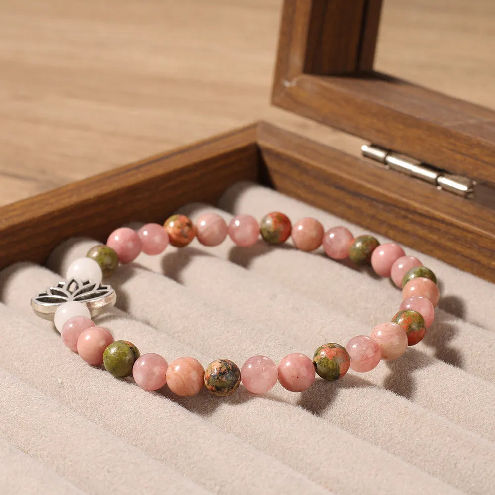 Handmade natural rhodonite stone bead seven-pulse lotus bracelet in French retro bohemian style, colour L1381
