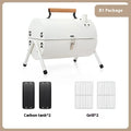 White portable folding barbecue grill with round chimney oven and cooking accessories