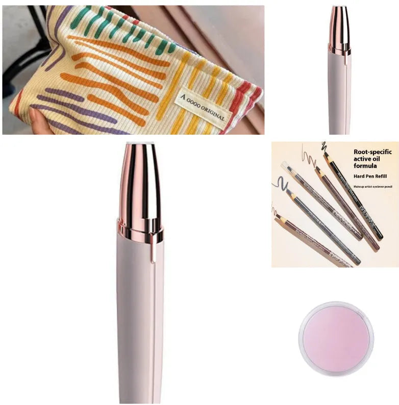 Eyebrow epilator pen with gold plated head and LED light on pink background