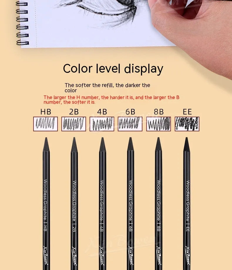 Set of six wood-free graphite sketching pencils in HB, 2B, 4B, 6B, 8B and EE grades