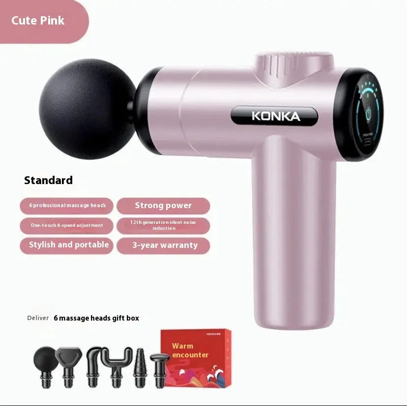 Konka professional electric mini massage gun in grey colour with multiple massage head attachments on a table.