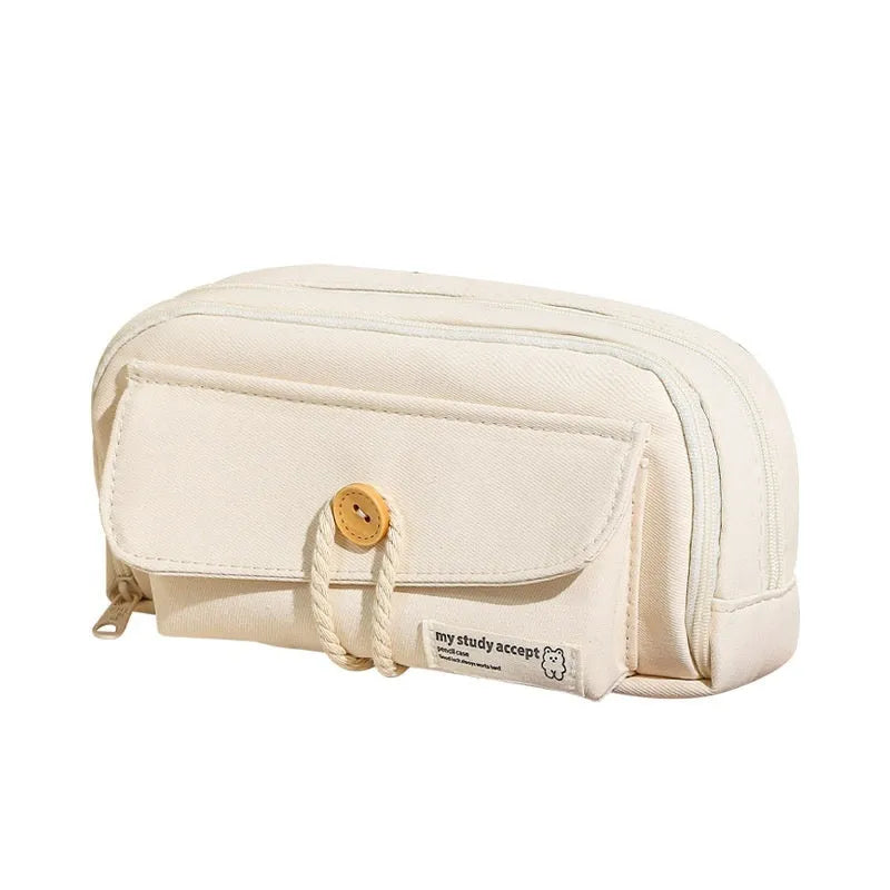 Large capacity Korean style canvas pencil case storing multiple pens in green colour option
