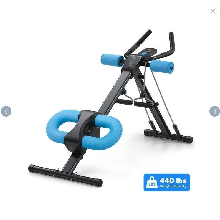 AB Rocket waist-shaping machine with steel frame, foam padding, and blue count drawstring for home core fitness