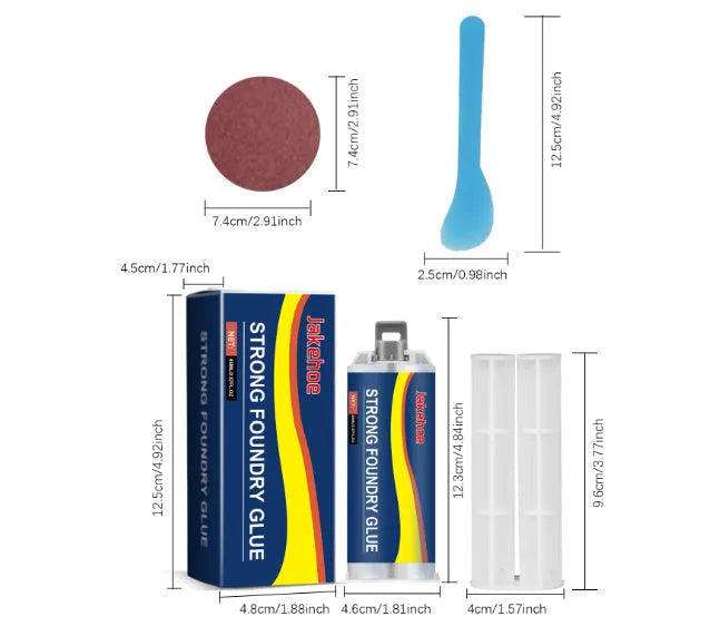 Metal casting glue kit with 85ml adhesive, mixing push rod, scraper and sandpaper