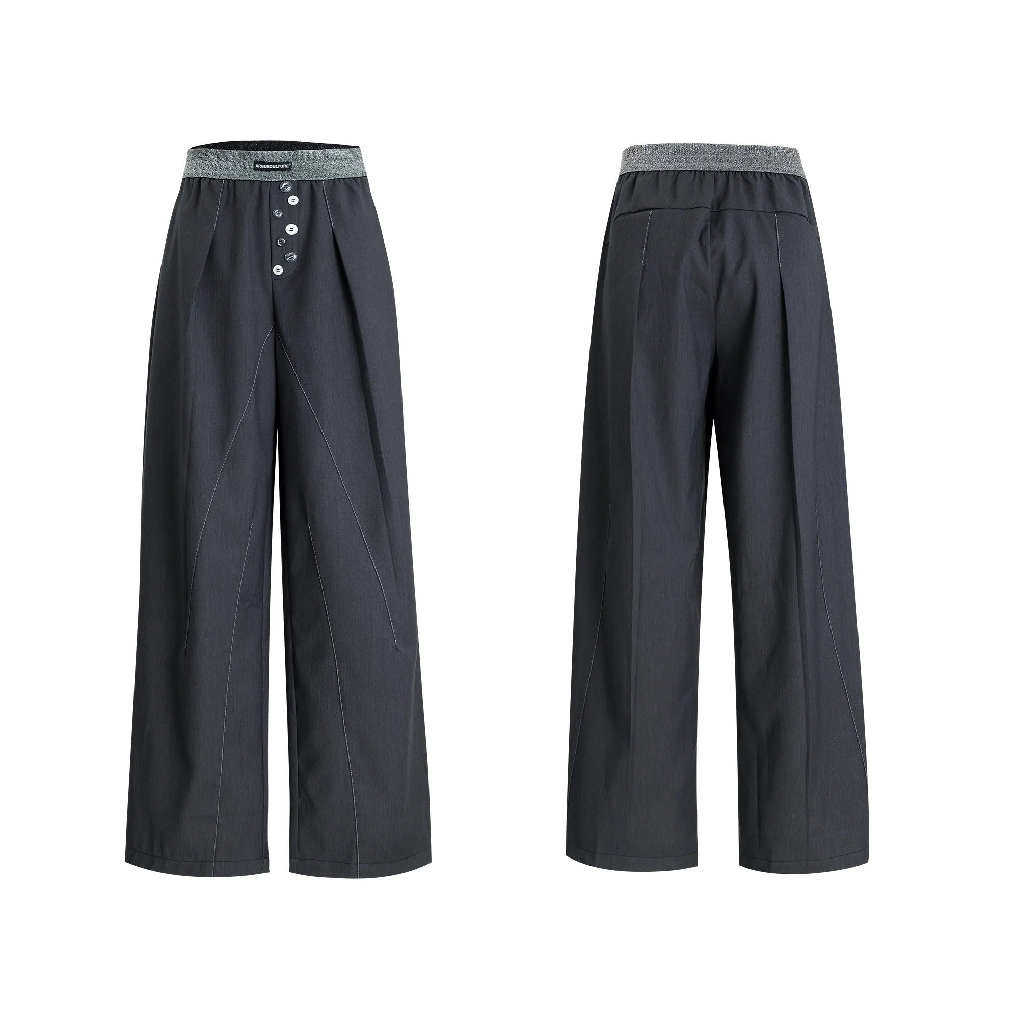 Straight-leg high-waist trousers with button-fly front opening in black or grey