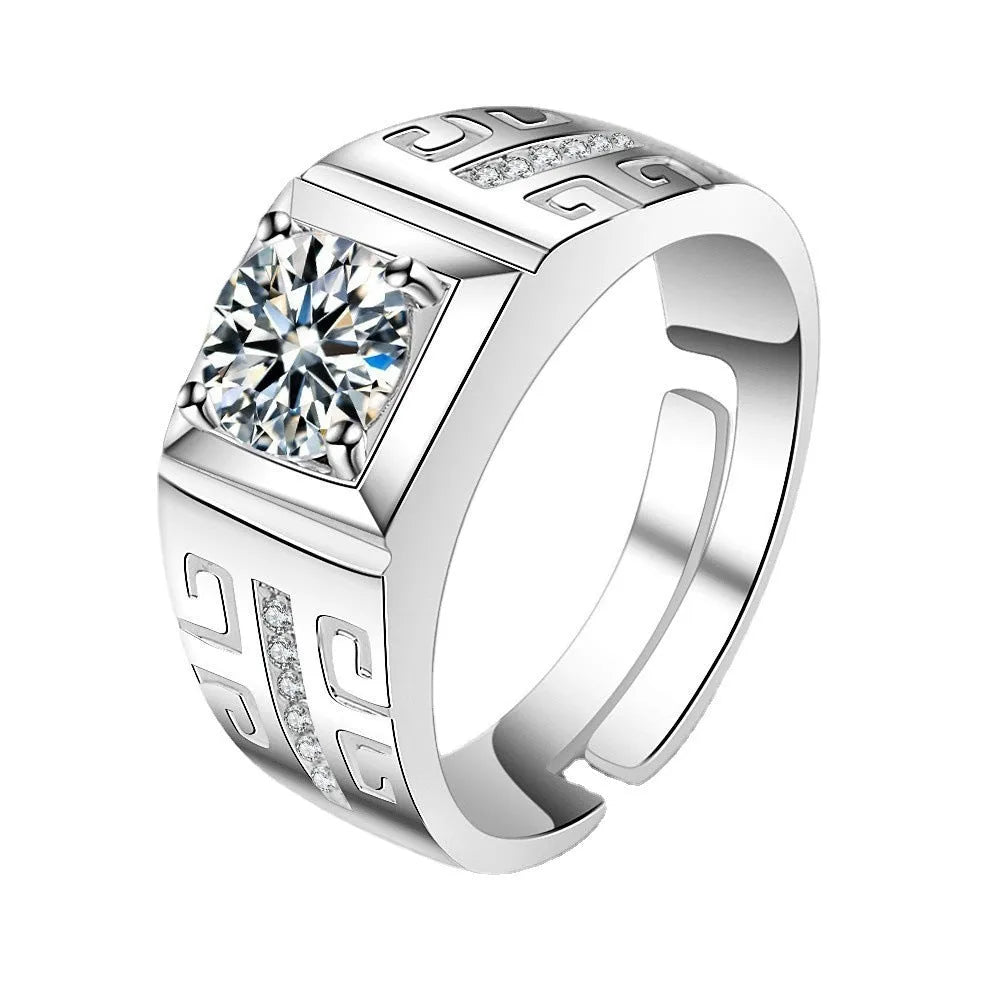 Gold-coloured men's ring with a large square diamond design and adjustable opening on a copper band.