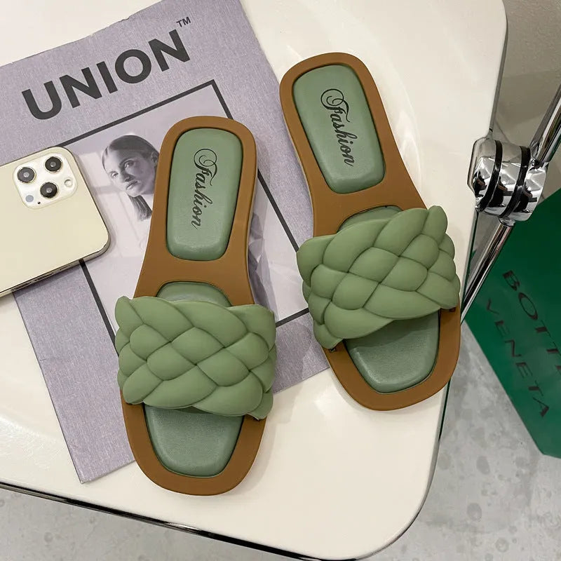 Women's plaid pattern casual sandals with thick PVC anti-skid sole in black, green, orange, and white colours.