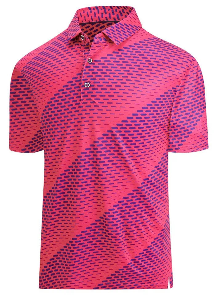 Men's grey short sleeve shirt with 3D printed graphic design and a front zip detail.