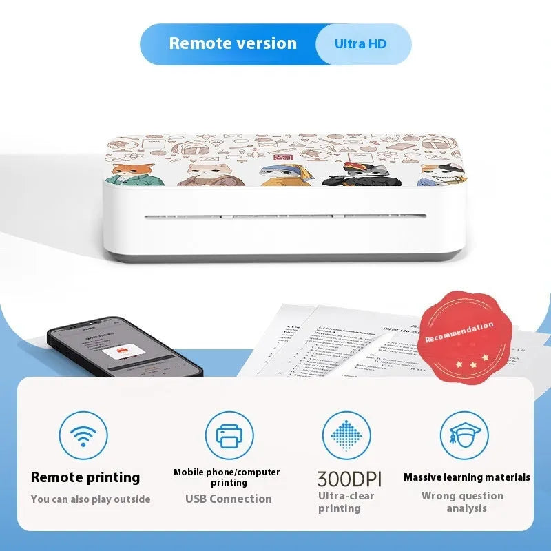 Small intelligent thermal printer with plastic housing, ribbon cartridge, and paper pack for remote learning and home printing.