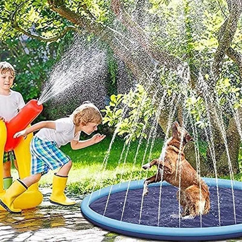 Large 150cm diameter blue dog splash pad with anti-slip texture, filled with water on grass.