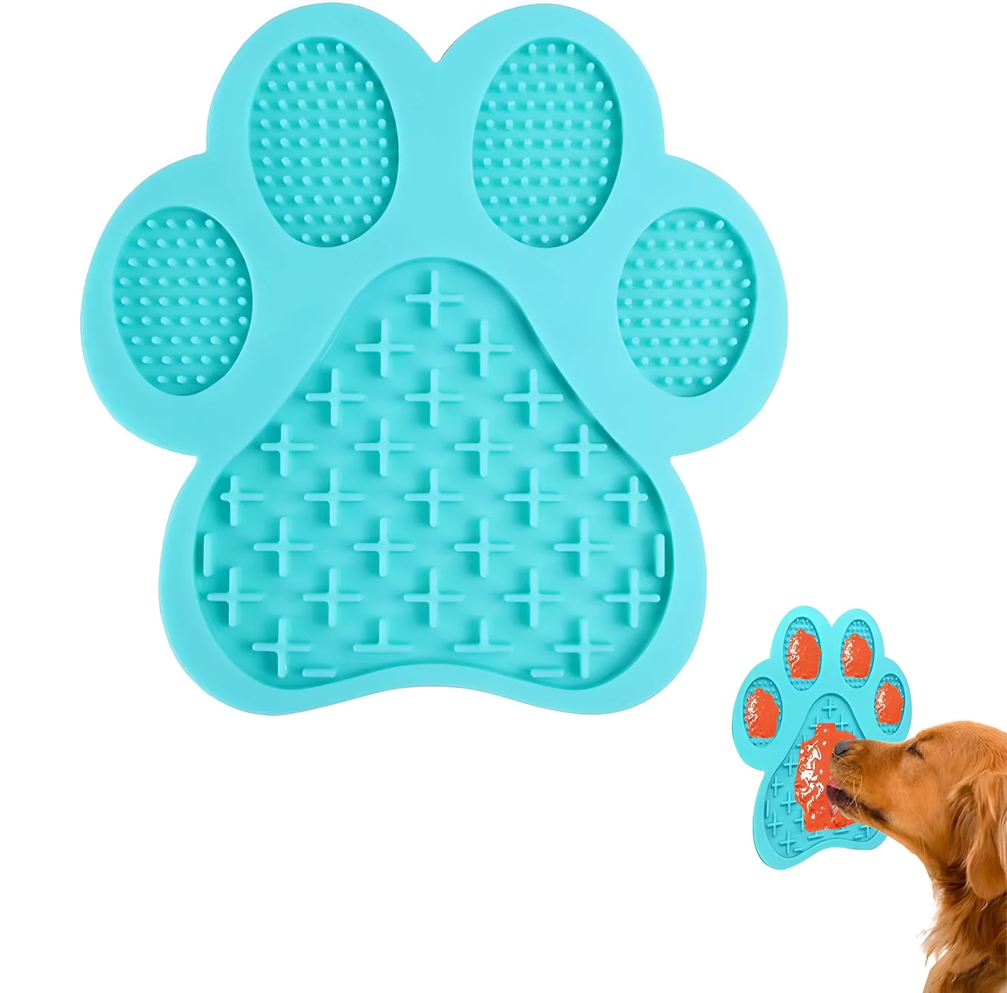 Blue bone-textured silicone dog licking mat with suction cups on back, shown on a tiled wall.