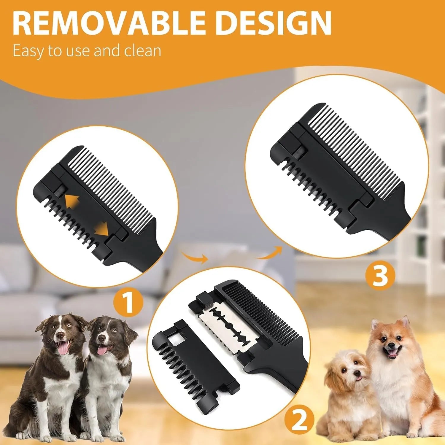 A razor comb for dog and cat grooming with a black plastic handle and metal blades, shown with spare blades.