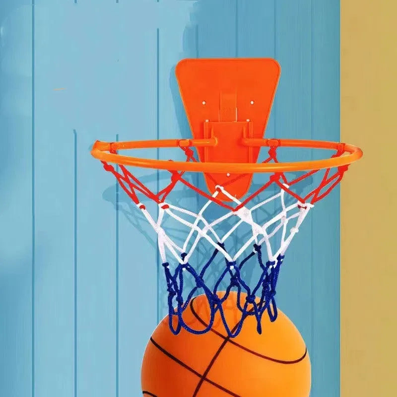 Silent high-density foam basketball in assorted bright colours showing bounce height and size comparison
