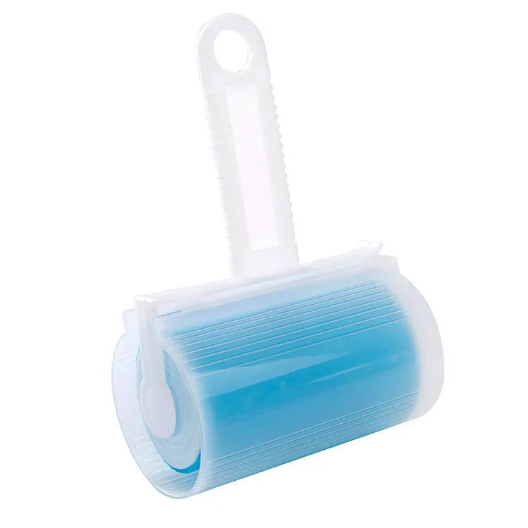 Washable reusable lint roller for pet hair removal in blue, green, pink, or yellow with cover.