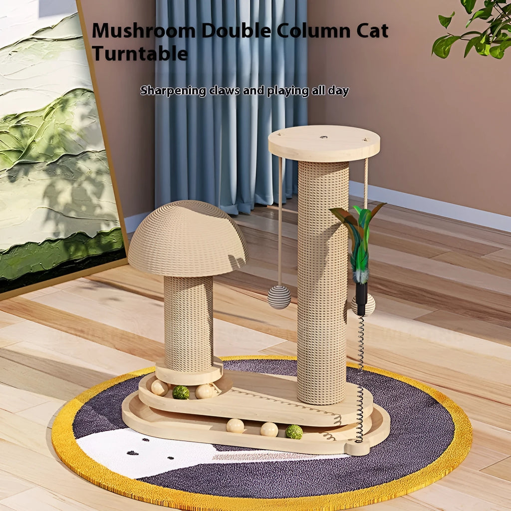 Solid wood cat scratching post with a central turntable, shown in a basic style big flower design