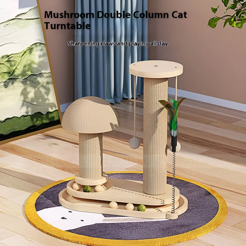 Solid wood cat scratching post with a central turntable, shown in a basic style big flower design